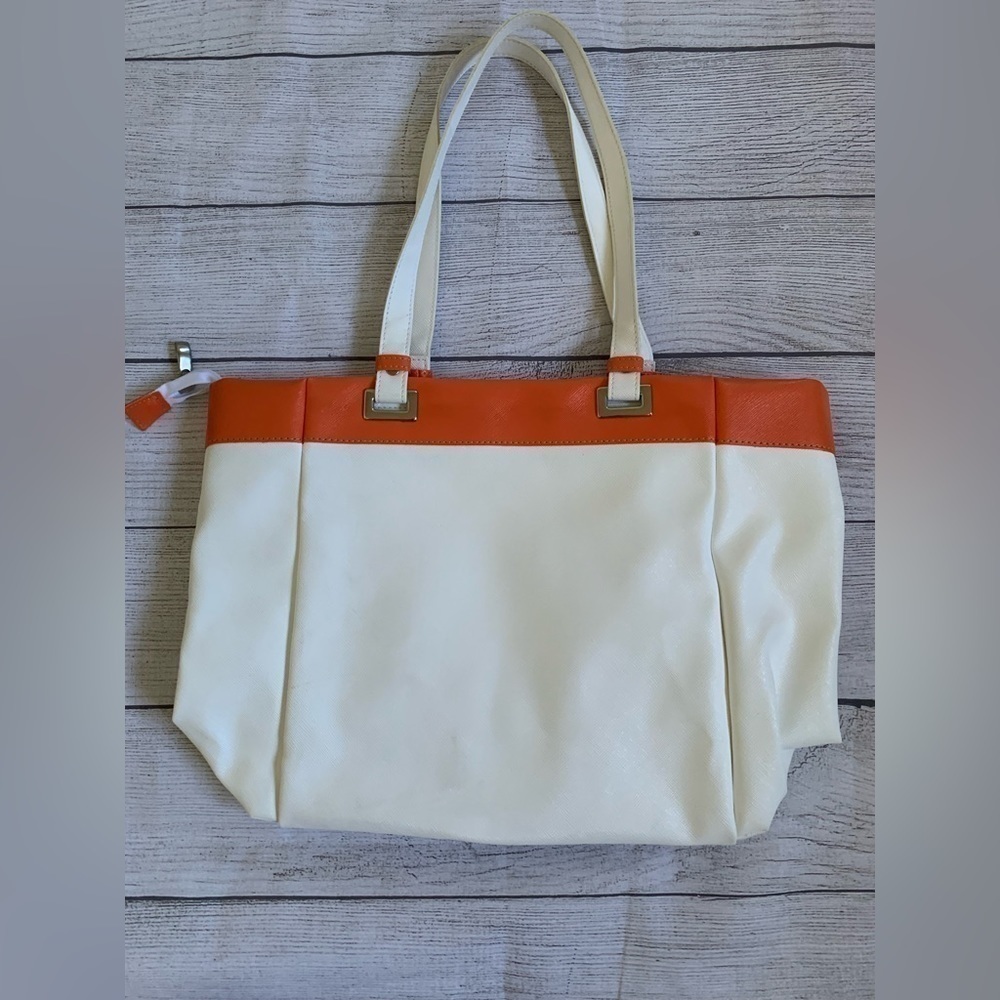 Italian White Tote with Orange Trim Faux Leather - Picture 5 of 9